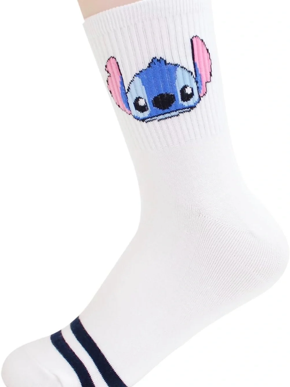 New Cute White Crew Socks with Blue Cartoon Stitch Face